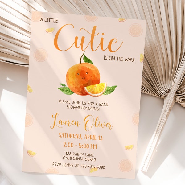 Orange Little Cutie Baby Shower Invitation Citrus Gender Neutral Couples Shower Party Cutie On The Way Invite EDITABLE Instant Digital OA5