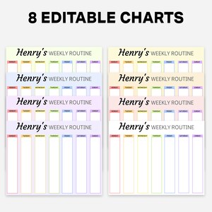May include: Eight printable weekly routine charts with a pastel rainbow colour scheme. Each chart has the text "Henry's Weekly Routine" at the top and includes spaces for each day of the week.