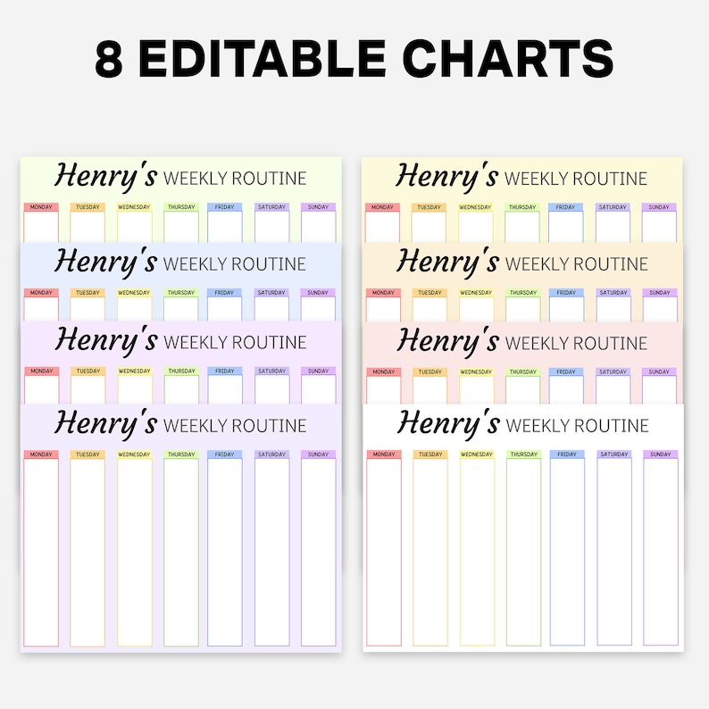 May include: Eight printable weekly routine charts with a pastel rainbow colour scheme. Each chart has the text "Henry's Weekly Routine" at the top and includes spaces for each day of the week.