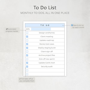 May include: A digital to-do list with the title "To Do List" and the text "Monthly to-dos, all in one place." The list includes tasks like "Design wireframes" and "Client meeting." Checkboxes indicate task completion, with an automated progress tracker.