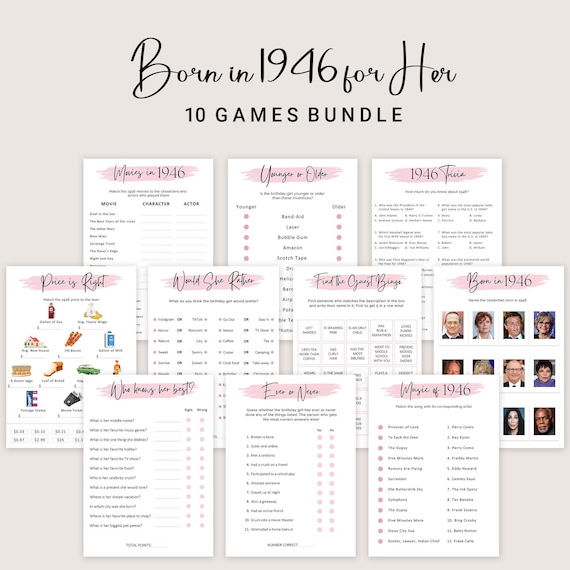 80th Birthday Games for Women 80th Birthday Party Games for Her Born in 1946 Game 1946 Trivia Quiz Activity Bundle Instant Digital PRINTABLE