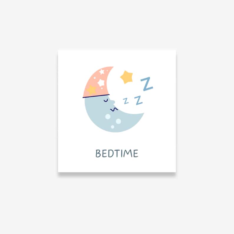 May include: A blue crescent moon with a pink sleeping cap and a yellow star. The moon has a sleepy face and is emitting Zzz's. The text "BEDTIME" is below the moon.