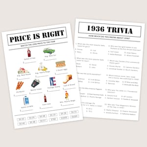 May include: Two vintage-style trivia game sheets. One sheet is titled "Price is Right" with illustrations of items like a car and eggs. The other sheet is titled "1936 Trivia" with multiple-choice questions about the year 1936.