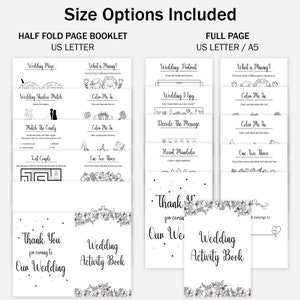 May include: Black and white printable wedding activity book with a variety of games and activities for guests to enjoy. The book includes a wedding maze, a what is missing game, a wedding portrait, a wedding shadow match, a match the candy game, a color me in game, a wedding I spy game, a decode the message game, a heart mandala, a one two three game, and a thank you page. The book is available in two sizes: half fold page booklet and full page.