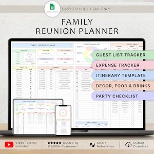 May include: A laptop displaying a digital Family Reunion Planner spreadsheet, with sections for guest lists, expenses, and itineraries. The screen shows a detailed layout with various tabs and data fields. Additional devices show the planner's mobile view. Text includes "Easy to Use" and "Instant Download."