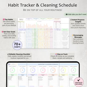 May include: A digital habit tracker and cleaning schedule with the text "Habit Tracker & Cleaning Schedule" and "Be on top of all your routines!" The tracker includes sections for top habits, goals, and a cleaning checklist.