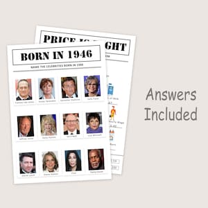 Puede incluir: Dos hojas de papel blancas con texto y fotos de celebridades. La hoja superior dice "BORN IN 1946" y "NAME THE CELEBRITIES BORN IN 1946". La segunda hoja tiene el texto "PRICE IS RIGHT". Las palabras "Answers Included" est&aacute;n en el lado derecho.