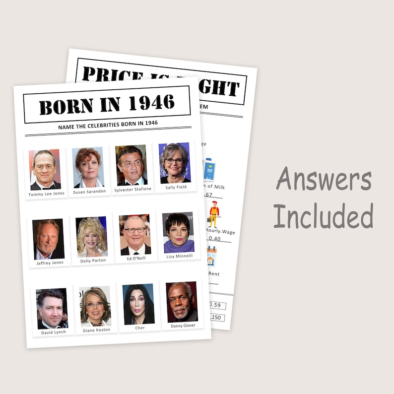 Puede incluir: Dos hojas de papel blancas con texto y fotos de celebridades. La hoja superior dice "BORN IN 1946" y "NAME THE CELEBRITIES BORN IN 1946". La segunda hoja tiene el texto "PRICE IS RIGHT". Las palabras "Answers Included" est&aacute;n en el lado derecho.
