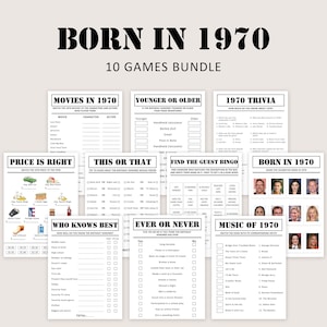 May include: A set of 10 printable party games for a 1970s themed birthday party. The games include "Movies in 1970", "Younger or Older", "1970 Trivia", "Price is Right", "This or That", "Find the Guest Bingo", "Born in 1970", "Who Knows Best", "Ever or Never", and "Music of 1970".