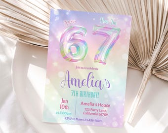 Six Seven Birthday Invitation I was 6 Now I Am 7 Invitation Rainbow Balloon 6-7 Meme Party Theme 7th Birthday Invite 6 7 Girl EDITABLE R05