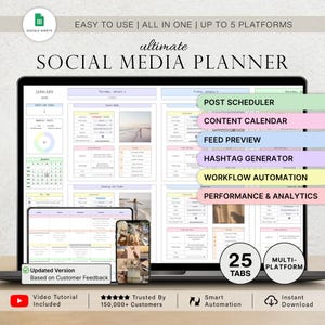 Op de afbeelding: Een laptop met een social media planner met tabbladen en functies zoals een postscheduler en contentkalender. Het scherm toont een kalenderindeling, met een telefoon en tablet die de planner tonen. De tekst bevat "Easy to Use" en "Ultimate Social Media Planner."