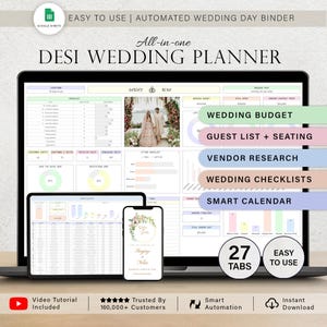 Puede incluir: Un planificador de bodas digital que se muestra en una computadora portátil, una tableta y un teléfono inteligente. El planificador incluye secciones para el presupuesto de la boda, la lista de invitados, la investigación de proveedores y las listas de verificación. El texto en la pantalla dice "DESI WEDDING PLANNER" y "EASY TO USE".