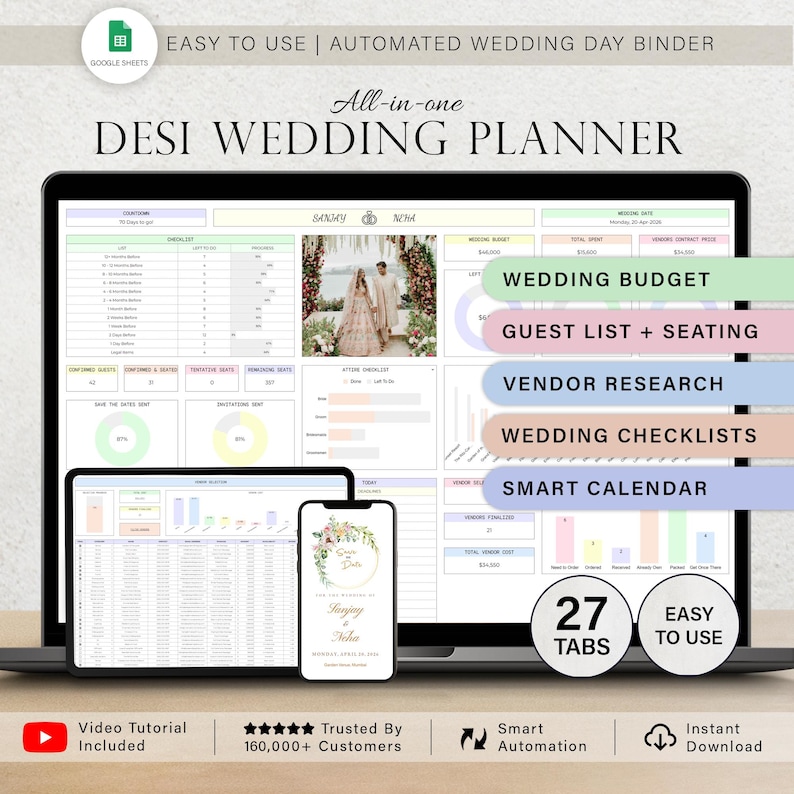 May include: A laptop, tablet, and smartphone display a digital wedding planner. The planner includes sections for the wedding budget, guest list, vendor research, and checklists. The text on the screen reads "DESI WEDDING PLANNER" and "EASY TO USE".