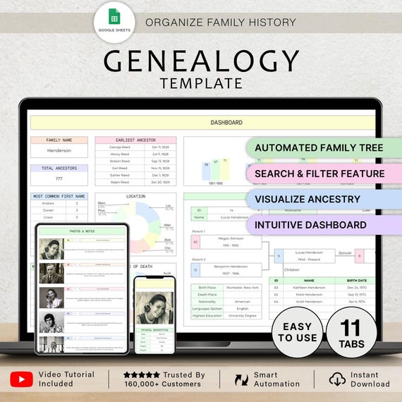 Family Tree Spreadsheet Genealogy Template Ancestry Template Generations Family History Research Organizer Chart Google Sheets