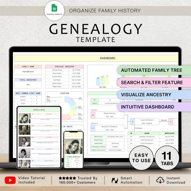 May include: A laptop, tablet, and smartphone display a genealogy template. The template includes sections for family names, ancestors, and photos. The screen shows an automated family tree, search and filter features, and an intuitive dashboard. The image also includes the text "Easy to Use" and "11 Tabs."