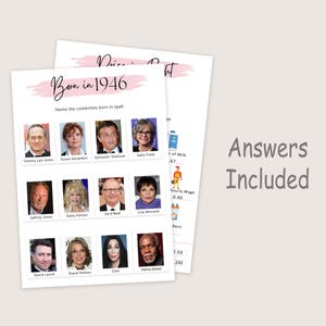 May include: Two white sheets of paper with the text "Born in 1946" and "Name the celebrities born in 1946". The sheets also include celebrity photos and a list of prices. The words "Answers Included" are also visible.