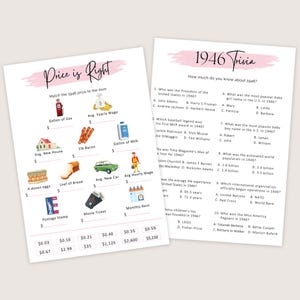 May include: Two printable game sheets. One titled "Price is Right" with illustrations of items and prices from 1946. The other is "1946 Trivia" with multiple-choice questions about the year. Both sheets have a pink watercolor design.