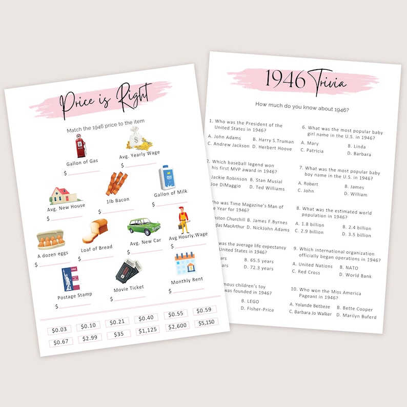 May include: Two printable game sheets. One titled "Price is Right" with illustrations of items and prices from 1946. The other is "1946 Trivia" with multiple-choice questions about the year. Both sheets have a pink watercolor design.
