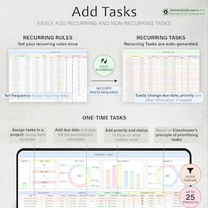 Puede incluir: Una interfaz digital con el t&iacute;tulo "Add Tasks" y el texto "Easily add recurring and non-recurring tasks." La interfaz incluye secciones para tareas recurrentes y &uacute;nicas, con gr&aacute;ficos y visualizaciones de datos. La interfaz est&aacute; dise&ntilde;ada para ayudar a los usuarios a gestionar y priorizar tareas.