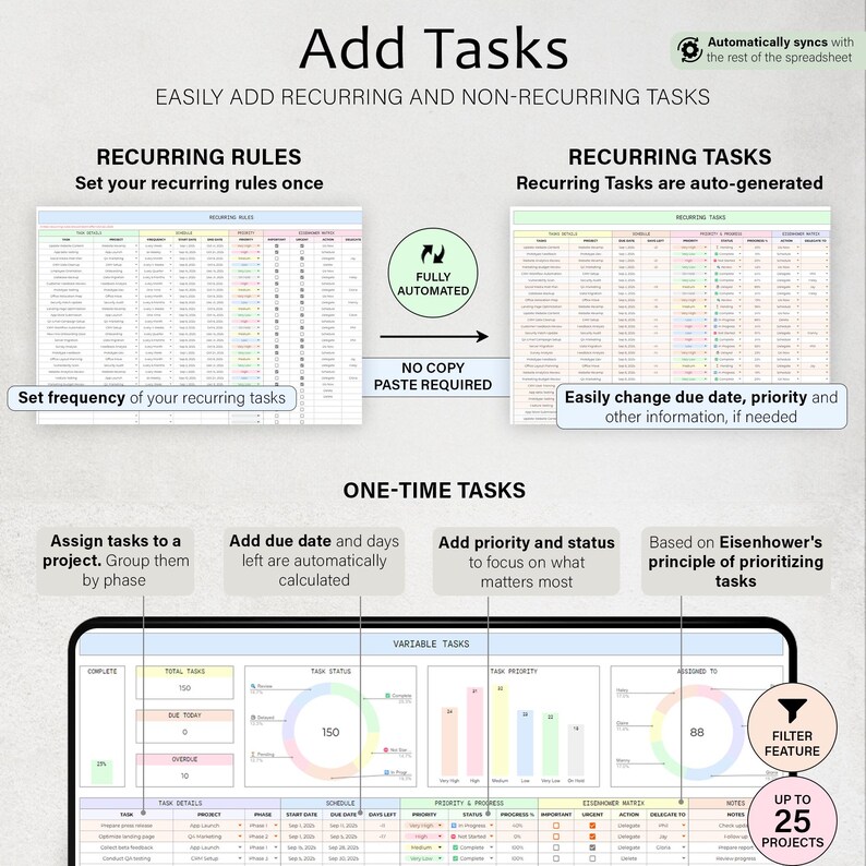 Puede incluir: Una interfaz digital con el t&iacute;tulo "Add Tasks" y el texto "Easily add recurring and non-recurring tasks." La interfaz incluye secciones para tareas recurrentes y &uacute;nicas, con gr&aacute;ficos y visualizaciones de datos. La interfaz est&aacute; dise&ntilde;ada para ayudar a los usuarios a gestionar y priorizar tareas.