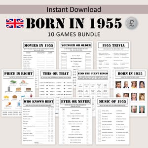 70° compleanno giochi UK Bundle British 70° compleanno giochi festa 1955 Trivia Nato nel 1955 40 anni Uomini Donne Lui Lei Sterlina STAMPABILE Digitale