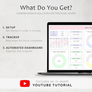 Peut inclure: Un &eacute;cran d'ordinateur portable affiche un tableau de bord de suivi du temps avec un calendrier et des indicateurs de progression. Le texte indique "What Do You Get ?" et "Comprehensive Solution for Tracking Hours." Inclut un tutoriel YouTube.