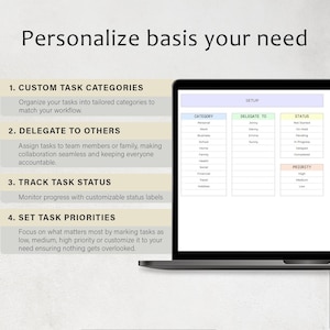 May include: A laptop screen displaying a productivity chart with the title "Personalize basis your need". The chart is divided into four sections: Custom Task Categories, Delegate to Others, Track Task Status, and Set Task Priorities. Each section has a brief description and a table with columns for Category, Delegate To, Status, and Priority.