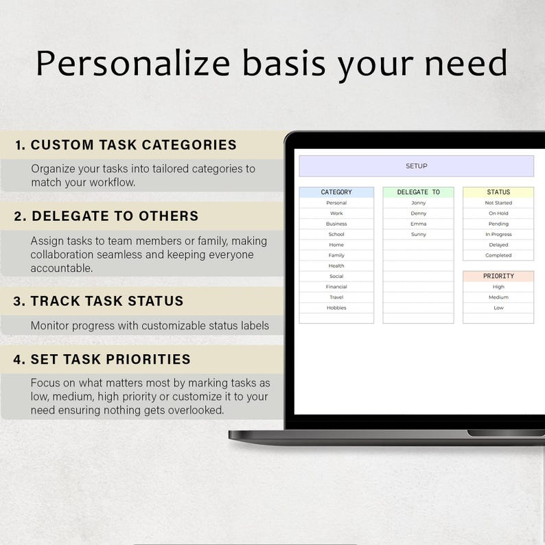 May include: A laptop screen displaying a productivity chart with the title "Personalize basis your need". The chart is divided into four sections: Custom Task Categories, Delegate to Others, Track Task Status, and Set Task Priorities. Each section has a brief description and a table with columns for Category, Delegate To, Status, and Priority.
