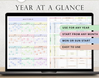 Year At A Glance Planner Spreadsheet Yearly Overview Template Monthly Events Tracker Yearly Planner Simple Annual Calendar Google Sheets
