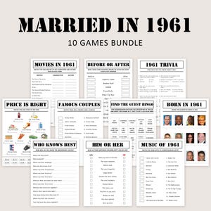 May include: A bundle of 10 printable games with a 1961 theme. The games include trivia, bingo, and matching activities. The title "Married in 1961" is displayed in large, bold text at the top.