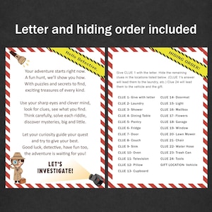 May include: Two-page game instructions with a red and white striped border. The left page says "Hello Detective" and includes text about a fun hunt. The right page says "Hiding Order!" and lists clues for a scavenger hunt.