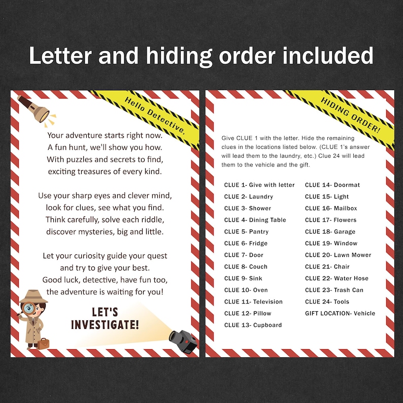 May include: Two-page game instructions with a red and white striped border. The left page says "Hello Detective" and includes text about a fun hunt. The right page says "Hiding Order!" and lists clues for a scavenger hunt.