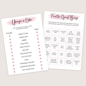 May include: Two printable game sheets for a birthday party. One sheet is titled "Younger or Older" and lists inventions. The other is "Find the Guest Bingo" with descriptive prompts.