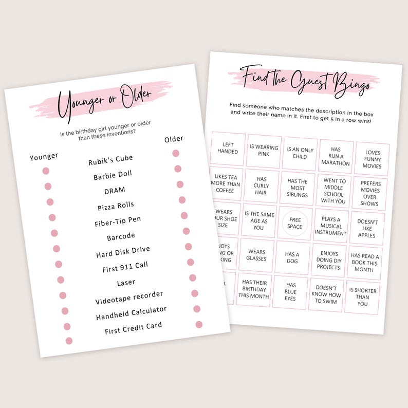 May include: Two printable game sheets for a birthday party. One sheet is titled "Younger or Older" and lists inventions. The other is "Find the Guest Bingo" with descriptive prompts.