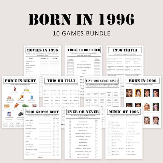 30th Birthday Games Bundle 30th Birthday Party Games 1996 Trivia Born in 1996 30 Year Old Men Women Him Her Quiz Printable Instant Digital