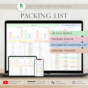 Puede incluir: Una plantilla digital de lista de embalaje que se muestra en una computadora port&aacute;til, tableta y tel&eacute;fono inteligente. La pantalla muestra una hoja de c&aacute;lculo con datos y gr&aacute;ficos. El texto incluye "Packing List", "Up to 6 People" y "Packing Status".