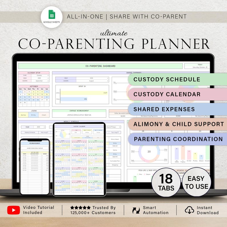 May include: A laptop, tablet, and smartphone display a digital co-parenting planner. The screen shows a calendar, expense tracking, and custody schedule. The planner includes 18 tabs and is easy to use. The image also includes the text "Video Tutorial Included".