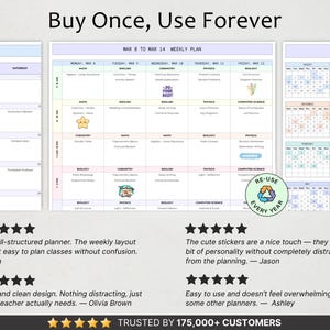 Może przedstawiać: Cyfrowy szablon planera tygodniowego z układem siatki, nagł&oacute;wkami przedmiot&oacute;w, przedziałami czasowymi i kolorowymi naklejkami. Tekst brzmi Buy Once, Use Forever oraz RE-USE EVERY YEAR. Zawiera opinie klient&oacute;w z ocenami pięciu gwiazdek.