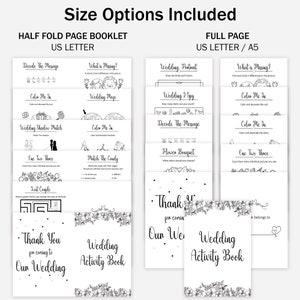May include: Black and white printable wedding activity book with a variety of games and activities. The book is available in two sizes: half-fold page booklet and full page. The book includes activities such as "Decode the Message", "Wedding Maze", "Color Me In", "Wedding Shadow Match", "One Two Three", "Match the Candy", "Wedding Portrait", "Wedding I Spy", "Flower Bouquet", and "Thank You for coming to our wedding".