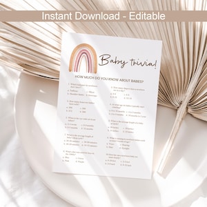 Jeu-questionnaire pour baby shower Quiz pour baby shower Question de baby shower carte d'activités Jeux de babyshower arc-en-ciel bohème garçon fille MODIFICATION numérique instantanée