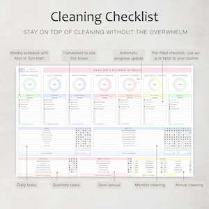 May include: A white cleaning checklist with the title "Cleaning Checklist" at the top. The checklist includes sections for daily, weekly, monthly, quarterly, semi-annual, and annual tasks. The text "STAY ON TOP OF CLEANING WITHOUT THE OVERWHELM" is also present.