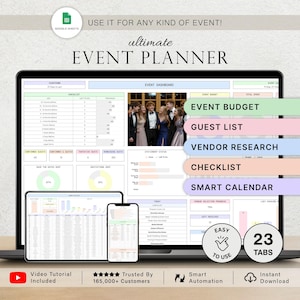 Plantilla de hoja de cálculo para planificación de eventos, planificación de fiestas, seguimiento de presupuesto para eventos corporativos, lista de proveedores e invitados, gestión de eventos, Google Sheets, CUALQUIER EVENTO