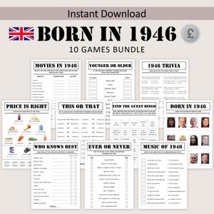 May include: A digital download game bundle, "BORN IN 1946", featuring 10 different games. The games include trivia, bingo, and matching games. The design includes a Union Jack flag and a vintage aesthetic, ideal for a 1946-themed celebration.