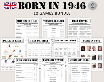 80th Birthday Games UK Bundle British 80th Birthday Party Games 1946 Trivia Born in 1946 80 year Men Women Him Her Pound PRINTABLE Digital