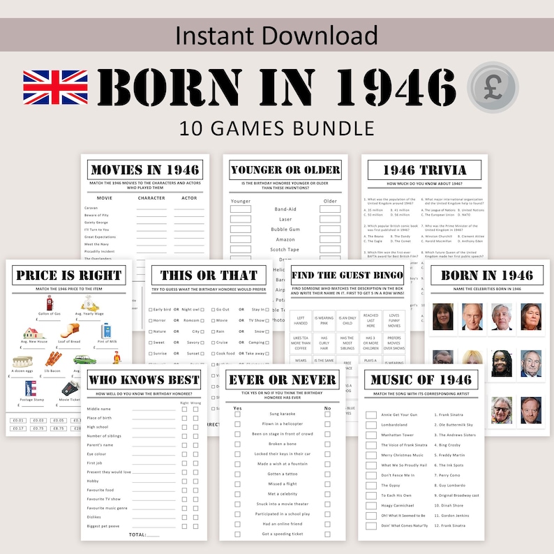 May include: A printable game bundle titled "BORN IN 1946" with 10 different games. The games include trivia, bingo, and matching games. The design features a Union Jack flag and a vintage aesthetic, perfect for a 1946-themed party.