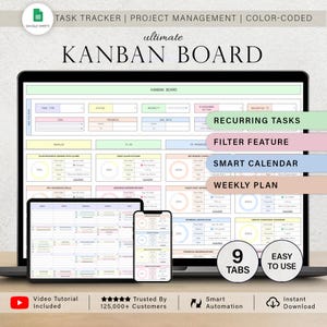 May include: A digital Kanban board displayed on a laptop, tablet, and smartphone. The board is color-coded and includes sections for task type, status, and priority. Features include recurring tasks, filter feature, smart calendar, and weekly plan.