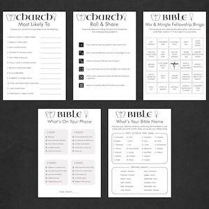 May include: A printable set of black and white game cards for a church or Bible study group. The cards feature different games with titles like "Most Likely To", "Roll & Share", "Mix & Mingle Fellowship Bingo", "What's On Your Phone", and "What's Your Bible Name".