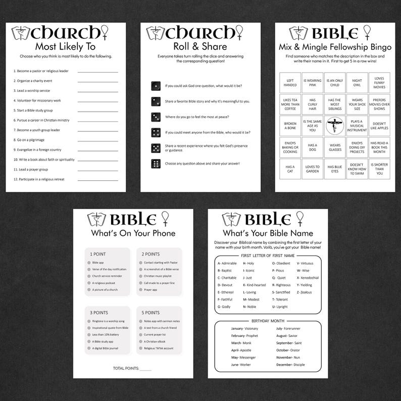 May include: A printable set of black and white game cards for a church or Bible study group. The cards feature different games with titles like "Most Likely To", "Roll & Share", "Mix & Mingle Fellowship Bingo", "What's On Your Phone", and "What's Your Bible Name".