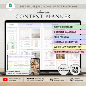 May include: A digital content planner displayed on a laptop screen, featuring a Google Sheets interface with tabs for post scheduling, content calendars, feed previews, hashtag generation, workflow automation, and performance analytics for five platforms.