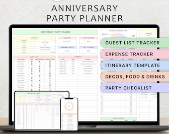 May include: A laptop displaying an "Anniversary Party Planner" spreadsheet template. The screen shows various sections like guest list, expense tracker, and itinerary. Additional devices with the same template are also visible.